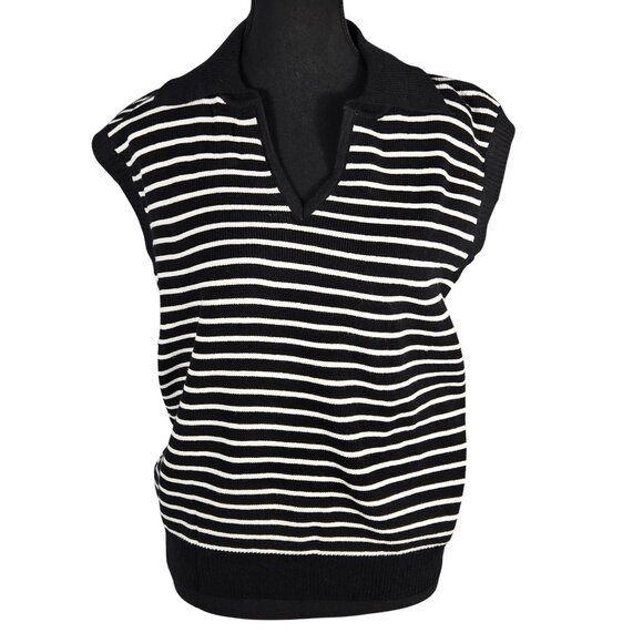 NWOT | Black & White Striped Knit V-Neck Collared Sweater Vest | Small - Picture 1 of 6